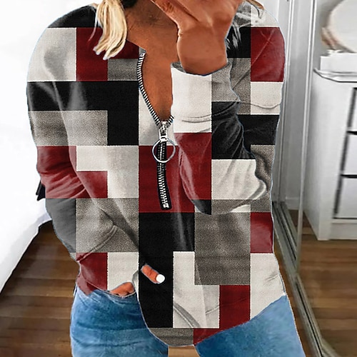 

Women's Plus Size Tops Pullover Sweatshirt Color Block Geometry Zipper Print Long Sleeve Round Neck Casual Daily Vacation Polyester Fall Winter Red