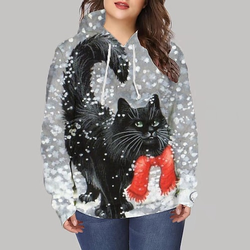 

Women's Plus Size Christmas Tops Hoodie Sweatshirt Animal Cat Print Long Sleeve Hooded Casual Vacation Polyester Winter Fall Black Blue