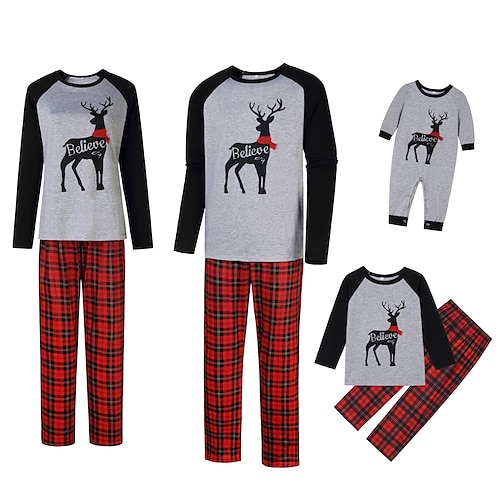 

Family Look Christmas Pajamas Plaid Letter Deer Home Gray Long Sleeve Basic Matching Outfits