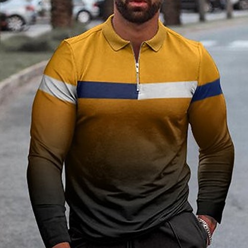 

Men's Collar Polo Shirt Golf Shirt Striped Turndown Orange 3D Print Street Casual Long Sleeve Zipper Print Clothing Apparel Fashion Designer Casual Breathable