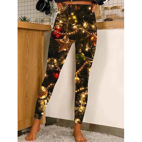 

Women's Leggings Dark Yellow Black Golden Sparkle Sparkle & Shine Christmas Casual Leisure Sports Print Stretchy Ankle-Length Tummy Control Patterned S M L XL 2XL