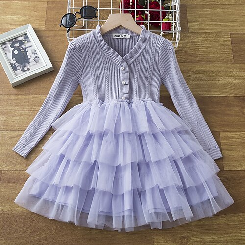 

Kids Girls' Dress Solid Color Knit Dress Knee-length Dress Performance Pleated Long Sleeve Fashion Dress 3-7 Years Winter Purple / Party / Cute / Fall