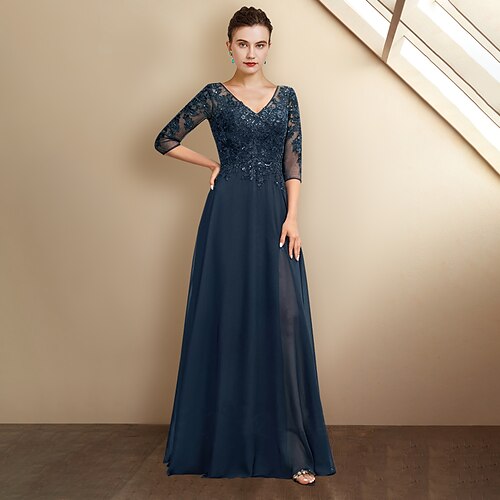 

Linea-A Abito da cerimonia per signora Taglia forte Elegante A V Lungo Chiffon Di pizzo Mezza manica con Lustrini Con applique 2023