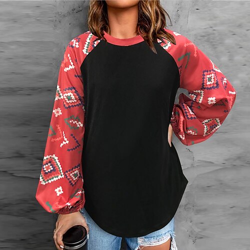 

Women's T shirt Tee Black Grey Geometric Print Long Sleeve Casual Basic Ethnic Round Neck Regular Geometric Painting S