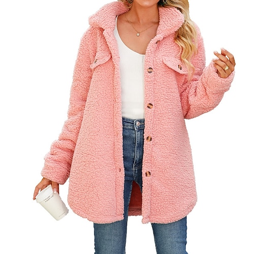 

Women's Teddy Coat Warm Breathable Holiday Daily Wear Vacation Going out Pocket Single Breasted Turndown Active Fashion Comfortable Street Style Solid Color Regular Fit Outerwear Long Sleeve Winter