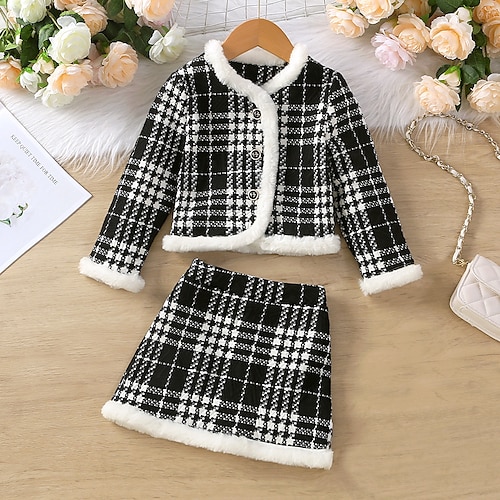 

2 Pieces Toddler Girls' Plaid Clothing Set Set Long Sleeve Fashion School 7-13 Years Winter Black / Fall / Above Knee