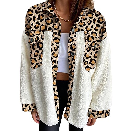 

Women's Sherpa jacket Fleece Jacket Teddy Coat Warm Breathable Outdoor Daily Wear Vacation Going out Button Print Single Breasted Turndown Active Comfortable Plush Shacket Leopard Regular Fit