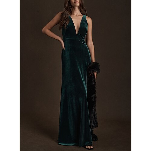 

A-Line Evening Gown Maxi Dress Wedding Guest Floor Length Sleeveless V Neck Velvet with Pure Color 2022