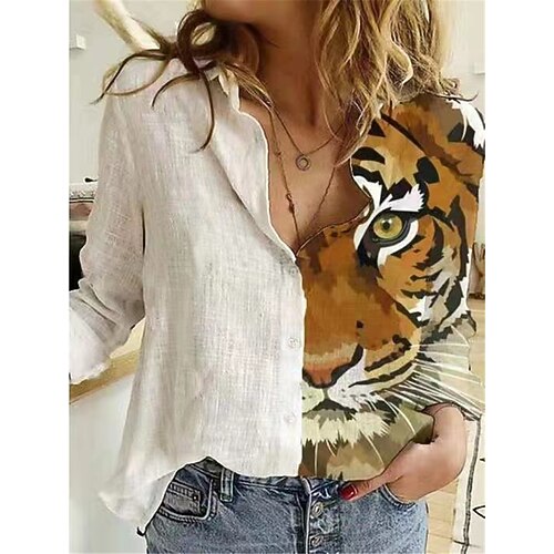 

Women's Blouse Shirt White Animal Patchwork Print Long Sleeve Casual Daily Casual Shirt Collar S
