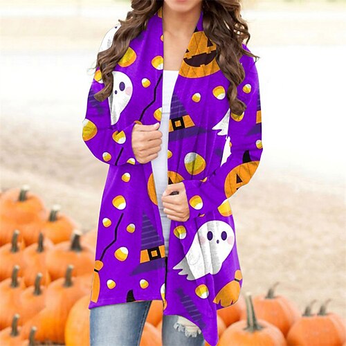 

Women's Casual Jacket Breathable Comfortable Halloween Street Daily Wear Going out Print Cardigan Collarless Active Street Style Halloween Pumpkin Regular Fit Outerwear Long Sleeve Winter Fall Deep