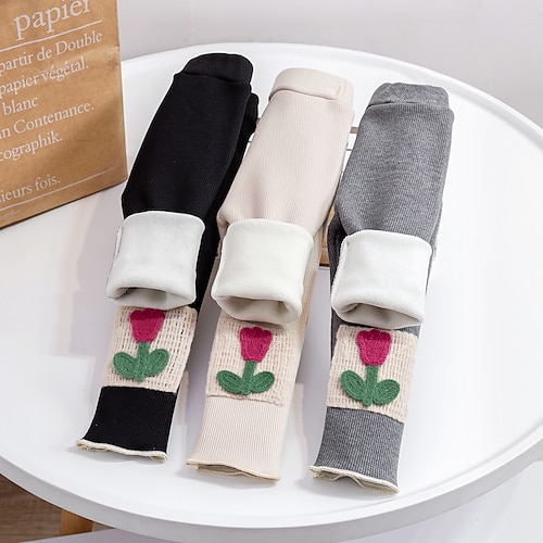 

Kids Girls' Fleece Lined Leggings Floral Active School 3-7 Years Winter Black Beige Gray / Cute / Fall