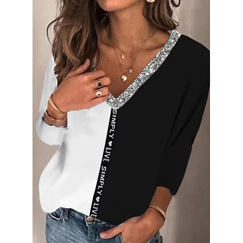 

Women's T shirt Tee White Color Block Print Long Sleeve Casual Daily Basic V Neck Regular Painting S