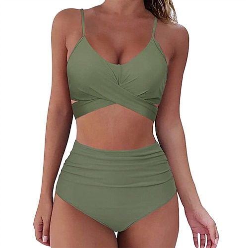

Women's Swimwear Bikini 2 Piece Normal Swimsuit Backless High Waisted string fold over Pure Color Green Purple Fuchsia Rose Red Gray Strap Bathing Suits New Vacation Sexy / Modern