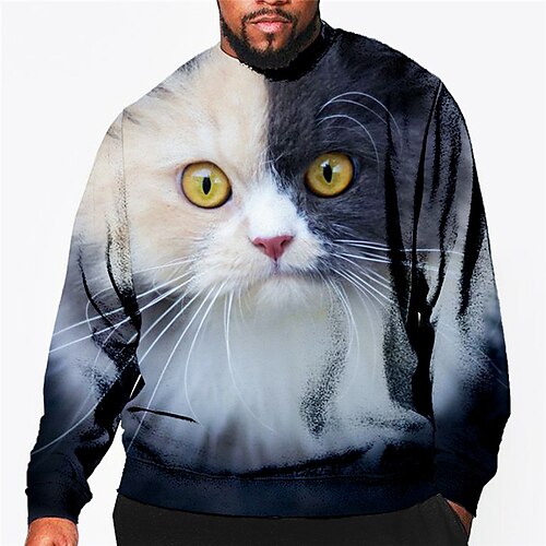 

Men's Plus Size Pullover Sweatshirt Big and Tall Graphic Crew Neck Long Sleeve Spring & Fall Basic Fashion Streetwear Comfortable Casual Sports Tops / Cat