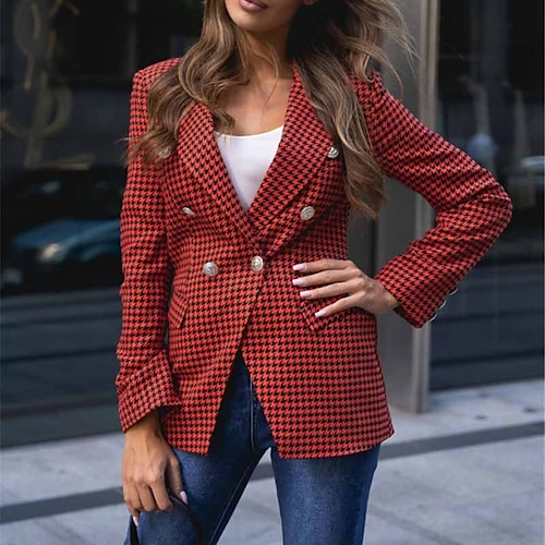 

Women's Blazer Warm Breathable Outdoor Office Work Button Pocket Print Buttoned Front Turndown OL Style Elegant Modern Houndstooth Regular Fit Outerwear Long Sleeve Winter Fall Black Blue Red S M L