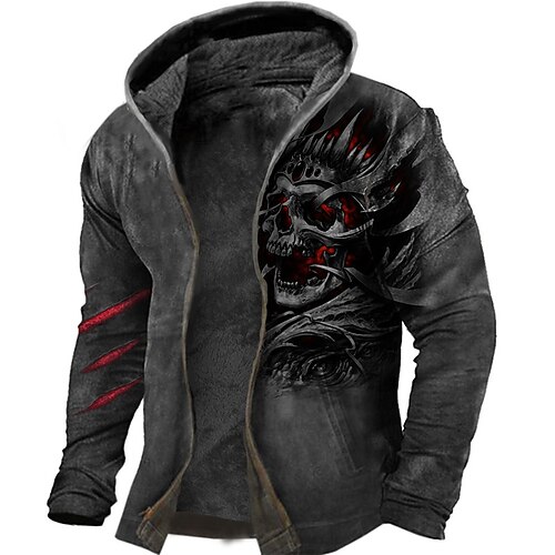 

Men's Fleece Jacket Full Zip Hoodie Fleece Hoodie Sherpa Jacket Dark Gray Hooded Skull Graphic Prints Zipper Print Sports & Outdoor Daily Sports 3D Print Fleece Streetwear Designer Casual Winter