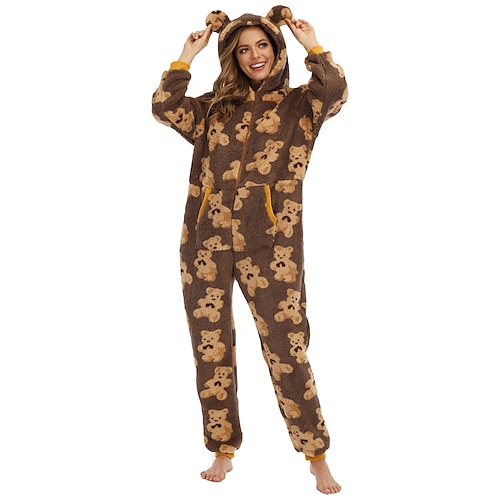 

Damen Kurz Jumpsuit Bedruckt Tier Mit Kapuze Aktiv Reißverschluss vorne Heim Urlaub Lockere Passform Langarm Gelb S M L XL Herbst