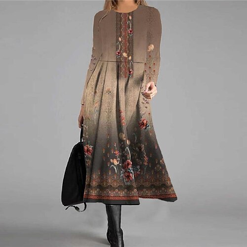 

Women's Casual Dress Swing Dress Midi Dress Midi Dress Royal Blue Blue Khaki Long Sleeve Floral Pocket Winter Fall Autumn Round Neck Vacation Winter Dress Christmas Daily 2022 S M L XL XXL 3XL