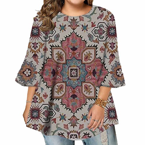 

Women's Plus Size Tops Blouse Shirt Floral Print 3/4 Length Sleeve Crewneck Casual Daily Holiday Cotton Spandex Jersey Fall Winter khaki Gray