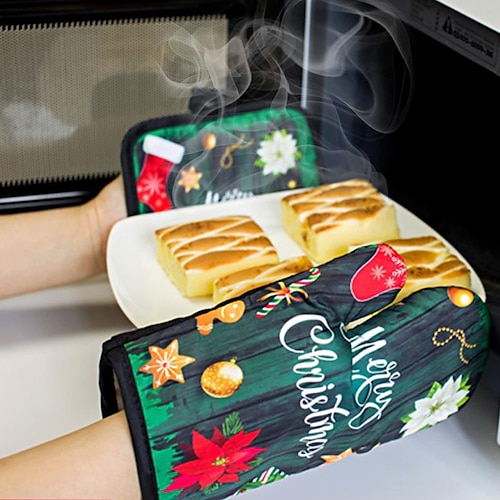 

Christmas Printing Oven Gloves High Temperature Anti-Scalding Microwave Oven Insulation Gloves Set for Dining Room and Christmas Party