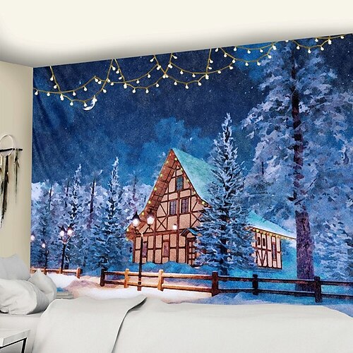

Christmas Party Tree Wall Tapestry Art Decor Blanket Curtain Snowman Snow Lights Hanging Home Bedroom Living Room Decoration Polyester
