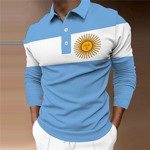 

Men's Collar Polo Shirt Golf Shirt World Cup 2022 Soccer Sports Turndown Blue 3D Print Street Sports Long Sleeve Button-Down Print Clothing Apparel Fashion Designer Casual Breathable