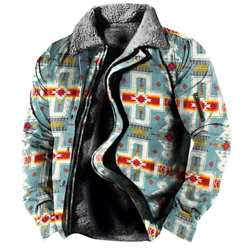 

Men's Coat Fleece Lining With Pockets Daily Wear Vacation Going out Zipper Turndown Casual Daily Outdoor Comfort Jacket Outerwear Geometry Zipper Fleece Print Blue