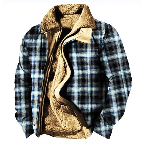 

Men's Coat Fleece Lining With Pockets Daily Wear Vacation Going out Zipper Turndown Streetwear Casual Daily Outdoor Jacket Outerwear Plaid Zipper Fleece Print Blue Yellow