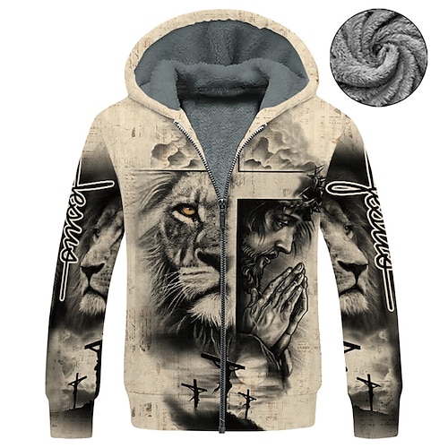 

Men's Fleece Jacket Full Zip Hoodie Fleece Hoodie Sherpa Jacket Khaki Hooded Lion Knights Templar Graphic Prints Zipper Print Sports & Outdoor Daily Sports 3D Print Fleece Streetwear Designer Casual