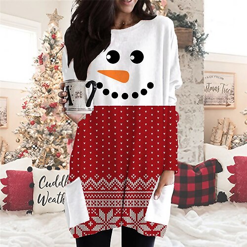 

Women's Christmas Casual Dress T Shirt Dress Tee Dress Mini Dress Wine Red Long Sleeve Plaid Snowman Snowflake Pocket Print Winter Fall Crew Neck Vacation Casual 2022 S M L XL XXL 3XL