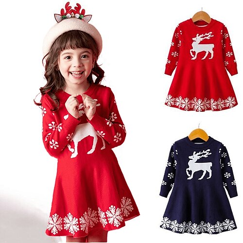 

Kids Girls' Christmas Dress Solid Color A Line Dress Dress School Cotton Long Sleeve Active Dress 3-7 Years Winter Red Navy Blue