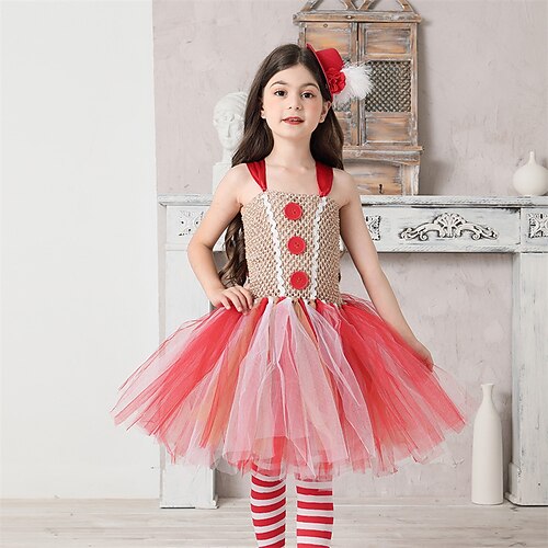 

Christmas Princess Flower Girl Dresses Halter Neck Knee Length Nylon with Buttons Splicing Open Back Tutu Cute Girls' Party Dress Fit 3-16 Years