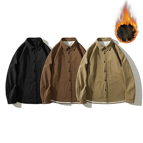 

Men's Shirt Flannel Jacket Solid Colored Turndown Khaki Coffee Black Street Daily Long Sleeve Button-Down Clothing Apparel Cotton Casual Comfortable / Winter