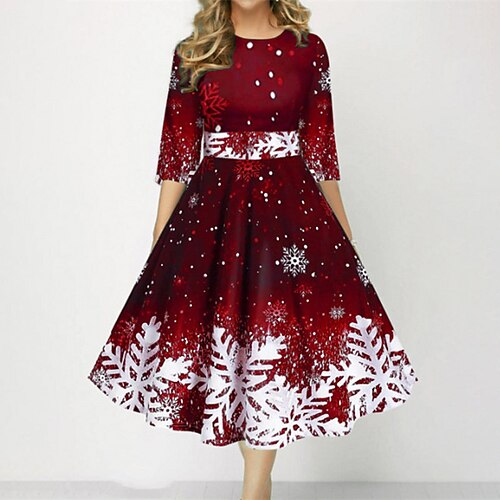 

Women's Swing Dress Vintage Dress Christmas Midi Dress Blue Purple Red Black 3/4 Length Sleeve Polka Dot Snowflake Print Fall Winter Crew Neck Vintage Elegant 2022 S M L XL XXL 3XL 4XL 5XL