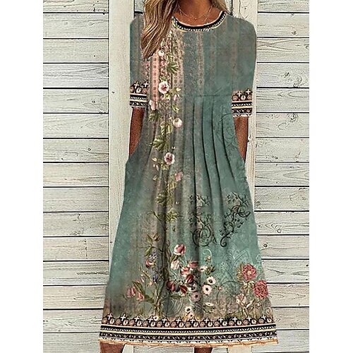 

Women's Casual Dress Swing Dress Midi Dress Green 3/4 Length Sleeve Floral Print Winter Fall Autumn Crew Neck Modern Weekend 2022 S M L XL XXL 3XL