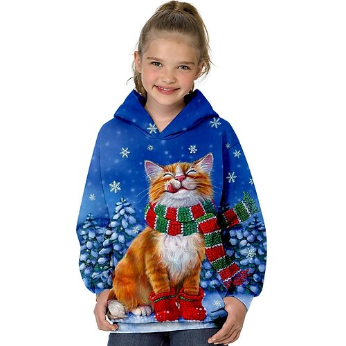 

Kids Girls' Ugly Christmas Hoodie Animal Christmas Gifts Long Sleeve Pocket Cute 7-13 Years Winter Blue Gray / Fall