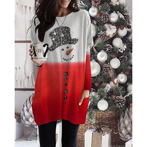 

Women's T shirt Tee Pocket Print Christmas Santa Claus Snowman Santa's Helper Basic Round Neck Green Blue Red White / Long Sleeve