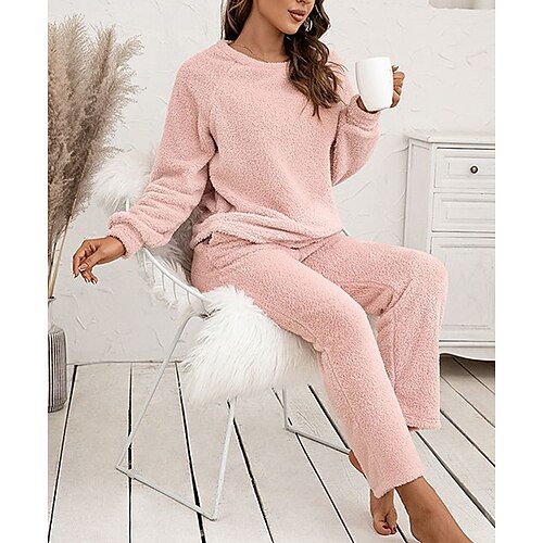 

Women's Plus Size Loungewear Sets Winter Nighty 2 Pieces Pure Color Fashion Simple Comfort Home Daily Vacation Fleece Warm Crew Neck Long Sleeve Hoodie Pant Pocket Winter Fall Light Pink