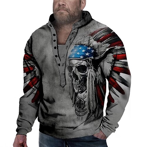

Men's Plus Size Pullover Sweatshirt Big and Tall Graphic Henley Long Sleeve Spring & Fall Basic Fashion Streetwear Comfortable Casual Sports Tops / Skull