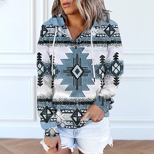 

Women's Hoodie Sweatshirt Pullover Streetwear Ethnic Button Front Pocket Green Blue Pink Geometric Street Hoodie Long Sleeve S M L XL 2XL
