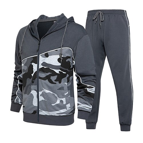 

Men's Tracksuit Sweatsuit Army Green Khaki Gray Hooded Color Block Camouflage 2 Piece Sports Outdoor Casual Sports Streetwear Sportswear Casual Fall Spring Clothing Apparel Hoodies Sweatshirts