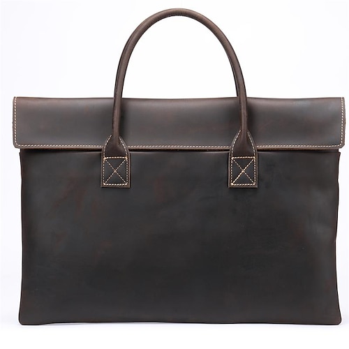 

Men's Laptop Bag Briefcase Top Handle Bag Nappa Leather Cowhide Zipper Solid Color Plain Artwork Daily Rainbow Coffee