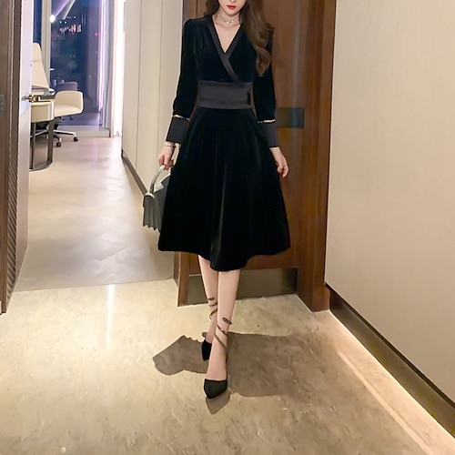 

Women's Velvet Dress Sheath Dress Swing Dress Black Long Sleeve Pure Color Lace up Winter Fall Autumn V Neck Winter Dress Fall Dress Slim 2022 S M L