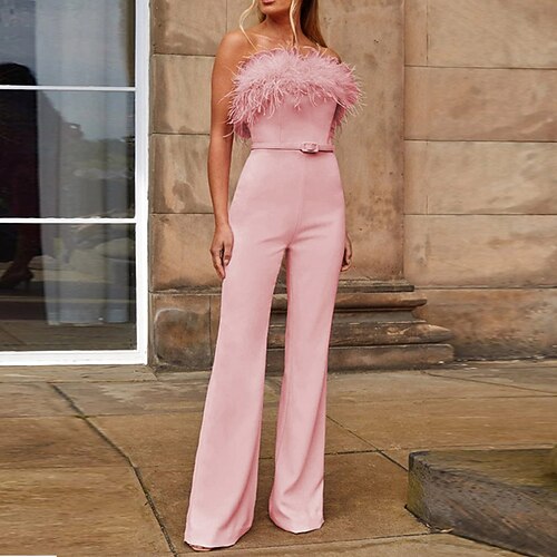 

Women's Jumpsuit Backless Feather Solid Color Strapless Elegant Party Bar Regular Fit Sleeveless Pink S M L Winter