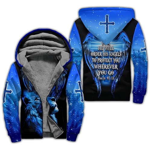 

Men's Fleece Jacket Full Zip Hoodie Fleece Hoodie Sherpa Jacket Blue Orange Red Light Blue Hooded Letter Lion Knights Templar Zipper Print Sports & Outdoor Daily Sports 3D Print Fleece Streetwear