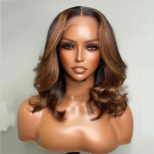 

Unprocessed Virgin Hair 13x4 Lace Front Wig Short Bob Brazilian Hair Wavy Brown Wig 130% 150% Density Color Gradient Highlighted / Balayage Hair 100% Virgin Pre-Plucked For wigs for black women Long