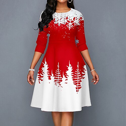 

Women's Christmas Work Dress Knee Length Dress Red White Half Sleeve Geometric Color Block Snowflake Print Fall Winter Crew Neck Stylish Elegant Loose Fit 2022 S M L XL XXL 3XL