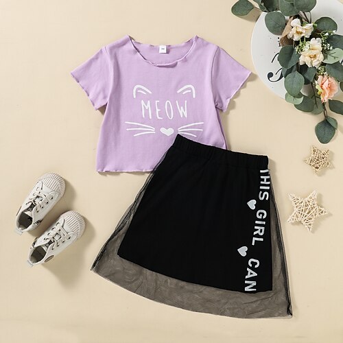 

Kids Girls' T-shirt Skirt Clothing Set 2 Pieces Short Sleeve Purple Solid Color Graphic Letter Mesh Print Outdoor Fashion Sweet Regular Midi 2-6 Years