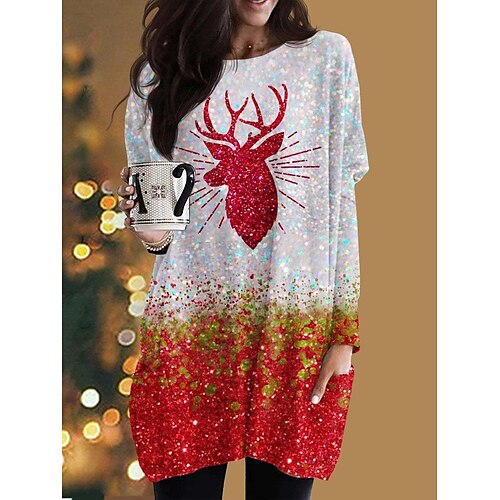 

Women's T shirt Tee Tunic khaki Red Brown Reindeer Print Long Sleeve Holiday Christmas Round Neck Long S