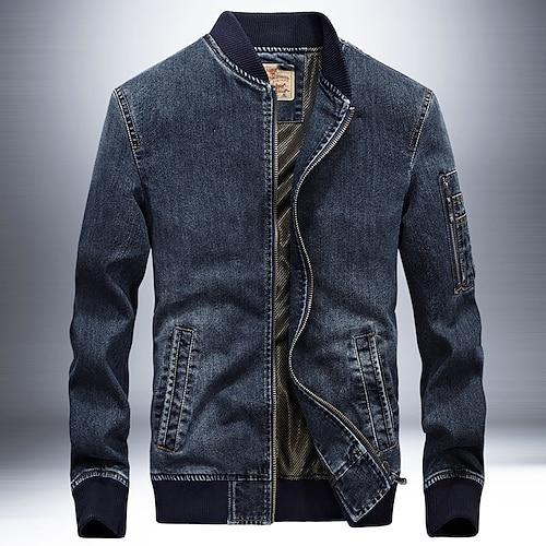 

Men's Bomber Jacket Denim Jacket Jean Jacket Durable Casual / Daily Daily Wear Vacation To-Go Zipper Standing Collar Comfort Leisure Jacket Outerwear Solid / Plain Color Pocket Dark Blue Blue